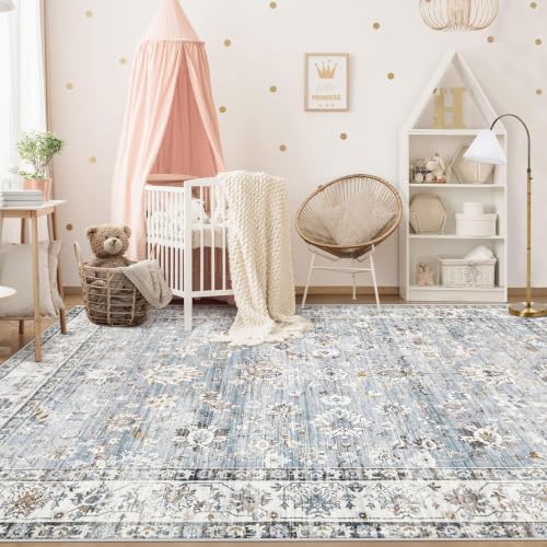 XLUEZ Area Rug 6x9 Living Room Rug, Machine Washable Vintage Distressed Boho Area Rug Non-Slip Soft Low Pile Large Indoor Rugs for Bedroom Kitchen Dining Room Office(Light Blue,6'x9')