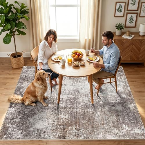 Square Area Rug 6x6 Washable – Non Slip Modern Abstract for Kitchen Dining Room Living Room – Low Pile Thin Soft Indoor Rug (Brown Beige, 6ft)