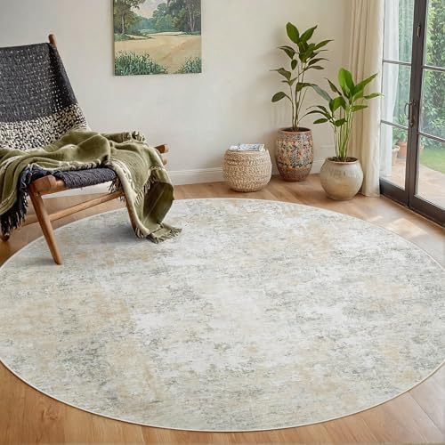 Aelenmu Round Rug 6ft Washable Rug for Dining Room Living Room Beige Grey