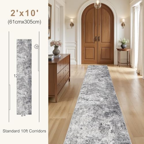 UERMEI 2x10 Washable Runner Rug for Hallway, Non Slip Low Pile Kitchen Carpet, Neutral Modern Abstract Indoor Floor Mat for Entryway Laundry, Kid & Pet Safe High Traffic Area, Grey