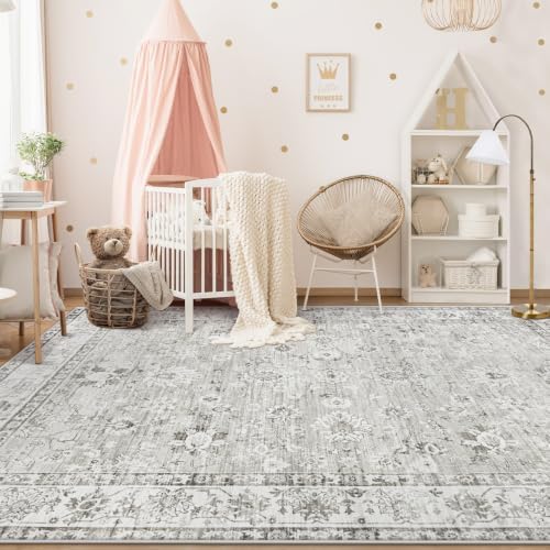 XLUEZ Area Rug 6x9 Living Room Rug, Machine Washable Vintage Distressed Boho Area Rug Non-Slip Soft Low Pile Large Indoor Rugs for Bedroom Kitchen Dining Room Office(Floral Grey,6'x9')