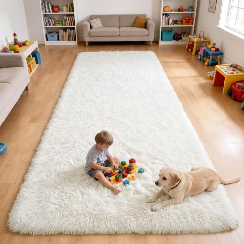OLANLY 4x12 Area Rugs for Living Room Bedroom, Machine Washable Soft Fluffy Shaggy Bedside Rug, Indoor Floor Carpet for Kids Girls and Boys, Dorms, Nursery Rooms, Home Decor Aesthetic, Ivory