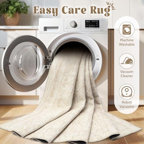 Washable Area Rug 5x7: Moroccan Rug for Living Room Geometric Boho Rug Farmhouse Non Slip Stain Resistant Rugs Low Pile Soft Carpet for Bedroom Dining Room Home Office Children Room (Beige,5'x7')