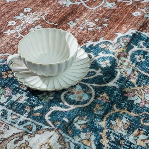 Ksrau 3x8 Runner Rug Washable Vintage: Non Slip Kitchen Runners Brick/Blue