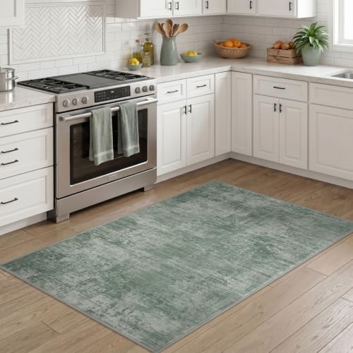 IOHOUZE Abstract Area Rug 3x5 Ft Washable Rugs for Entryway Indoor, Non Slip Kitchen Rug Printed Faux Wool Throw Rugs, Indoor Door Mat for Door Entrance Foyer Living Room, Sage Green