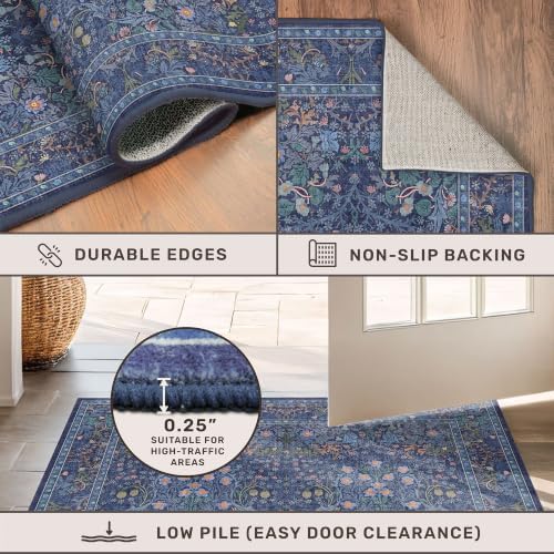 Dark Blue 3x8 Wide Hallway Runner Rugs Indoor Non Slip, 8ft Oriental Washable Rug for Kitchen, Entrance Indoor, Vintage Floral Design Low Pile & Soft Stain Resistant Carpet