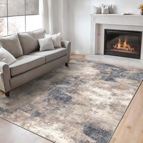 6x9 Area Rug Living Room, Modern Abstract Washable Indoor Carpet Brown