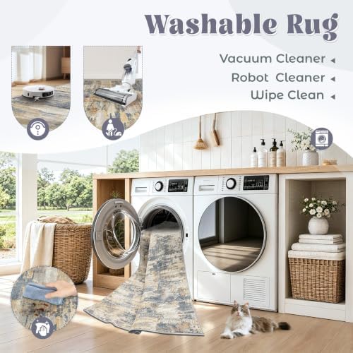 XLUEZ 5x7 Area Rugs for Living Room, Washable Modern Abstract Large Area Rug Neutral Soft Non Slip Kids Rug Stain Resistant Indoor Carpet for Bedroom Nursery Dining Room Playroom(BlueBeige, 5'x7')
