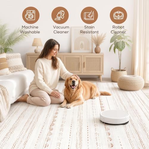 Nakagishi 10x13 Area Rugs Living Room: Washable Boho Large Neutral Soft Farmhouse Rug Stain Resistant Modern Moroccan Non-Slip Indoor Floor Carpet for Bedroom Nursery Kids Playroom Office- Brown