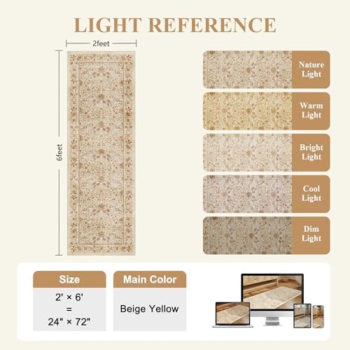 DUKINO 2x6 Runner Rug, Washable Vintage Floral Kitchen Rug, Beige