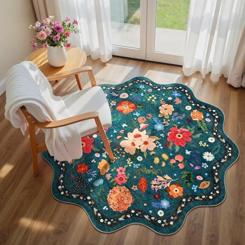Macgace Floral Round Rug for Girls Bedroom, Washable 4ft Green Area Rugs