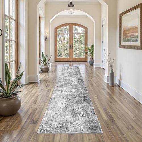 UERMEI 2x10 Washable Runner Rug for Hallway, Non Slip Low Pile Kitchen Carpet, Neutral Modern Abstract Indoor Floor Mat for Entryway Laundry, Kid & Pet Safe High Traffic Area, Grey