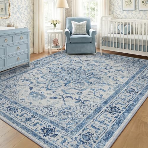 CAPALOCA 4x6 Washable Nursery Girls Low Pile Area Rug Blue Teal