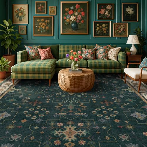 Hazo Haus Dark Green Oushak Living Room Rug 10x14 - Modern Vintage Boho Eclectic Floral Pastel, Washable Low Pile Non-Slip Extra Large Area Rugs for Dining Under Table Bedroom Lounge