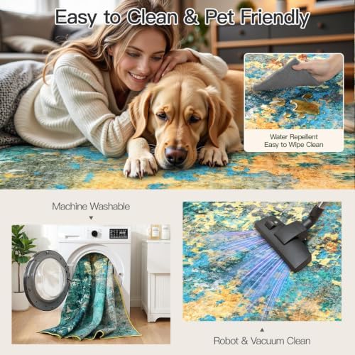 8x10 Area Rug for Living Room, Abstract Washable Large Rugs, Teal/Orange