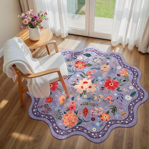 Macgace Floral Round Rug for Girls Bedroom, Washable 4ft Purple Area Rugs