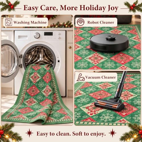 Green Christmas Area Rug 5x7, Washable Rug for Living Room, Checkered