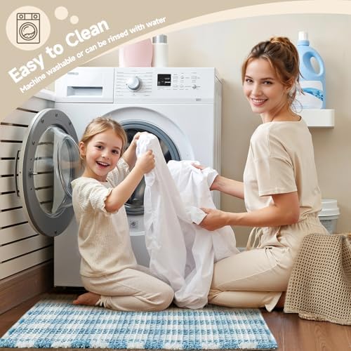 TYUU Waffle Bath Mat, Cute Bathroom Rugs Non Slip, 30x20 Blue & White