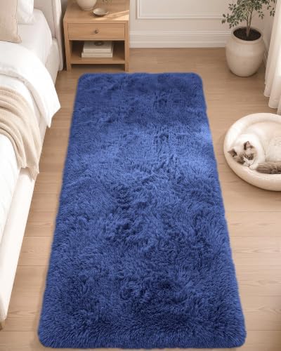 OLANLY 2x4 Machine Washable Runner Rugs for Hallway, Soft Fluffy Shaggy Bedside Rugs for Bedroom, Living Room, Indoor Floor Carpet for Kids Girls Boys, Nursery Rooms, Home Decor Aesthetic, Navy Blue