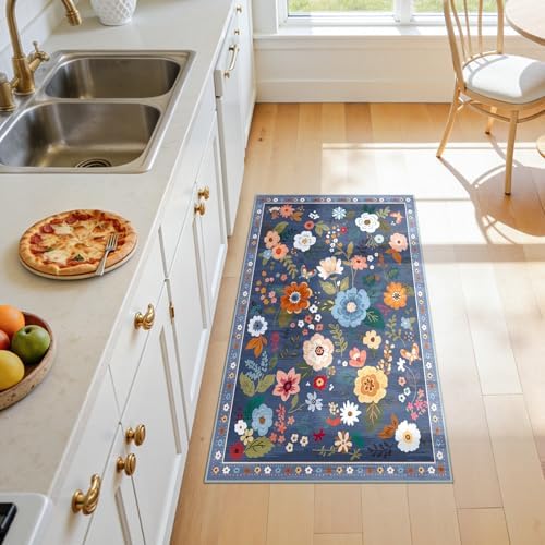 Floral Washable 2x4 Area Rugs Runner Entryway Hallway Blue/Grey