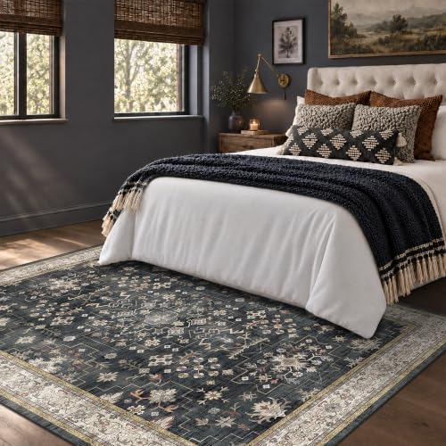 Black Boho Living Room Rug 5x7, Washable Dark Vintage Moody Low Pile Non Slip Carpet for Bedroom, Dinning Room, Office, Farmhouse, Retro Area Rug Indoor Decor (5x7 Black/Multi)