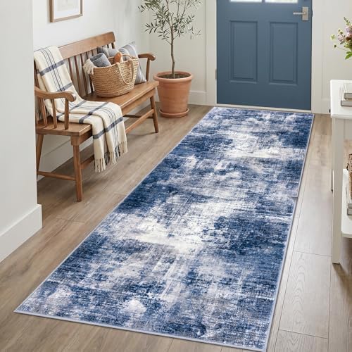 IOHOUZE Abstract Runner Rug 3x7 Ft Washable Runners for Hallways, Non Slip Kitchen Runner Printed Faux Wool Entryway Runner Indoor, Modern Abstract Floor Carpet for Hall Kitchen Bedroom, Navy/Grey