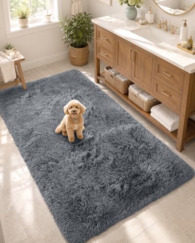 OLANLY 3x6 Machine Washable Runner Rugs for Hallway, Soft Fluffy Shaggy Bedside Rugs for Bedroom, Living Room, Indoor Floor Carpet for Kids Girls and Boys, Nursery Rooms, Home Decor Aesthetic, Grey
