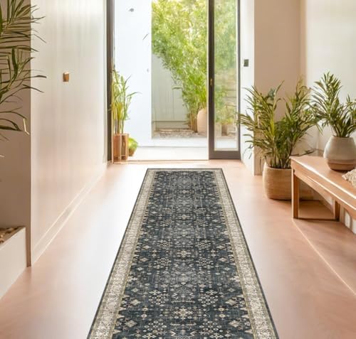 Hazo Haus Black Boho Washable 3x16 Extra Long Runner Rug for Hallway, Waterproof Large Kitchen Floor Rug, Non-Slip Stain & Fade Resistant, Vintage Floral Decor