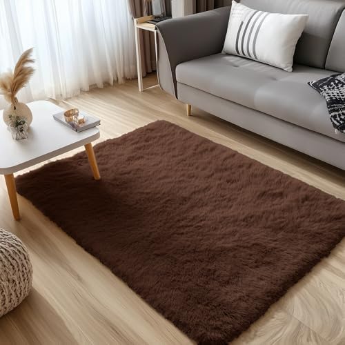 OLANLY 3x4 Machine Washable Accent Rug, Soft Fluffy Shaggy Area Rug for Bedroom, Living Room, Indoor Floor Carpet for Kids, Nursery, Home Decor, Coffee
