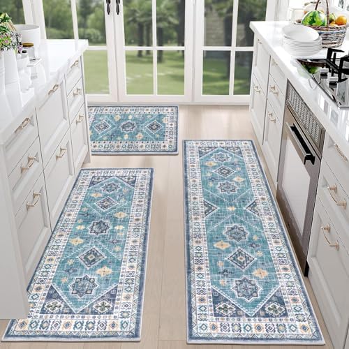 HEBE Boho Kitchen Rugs Set of 3, Non Slip Washable Kitchen Mats for Floor