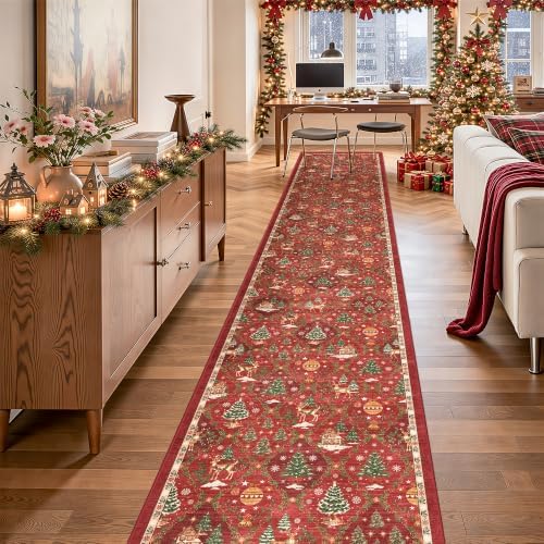 Christmas 2x12 Runner Rugs for Hallway, Red Non Slip Washable Kitchen Rug