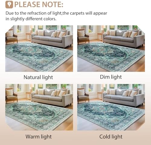 BESTSWEETIE Washable Boho 4x6 Area Rug for Living Room, Teal Dark Green