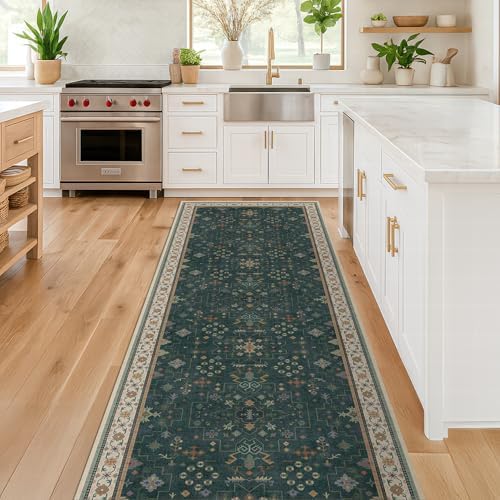 Dark Green 2x5 Kitchen Rug - Modern Vintage Boho Eclectic Floral Pastel, Washable Low Pile Non-Slip Small Runner Rugs for Entryway Door Mat Indoor Entrance, Bedroom, Hallway