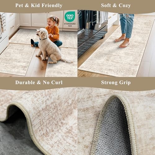 Kitchen Rugs Sets of 2, Washable Non-Slip Kitchen Mats for Floor, Stain Resistant Kitchen Runner Rugs for Kitchen Sink Laundry Entryway (Cream Beige, 2x3+2x4)