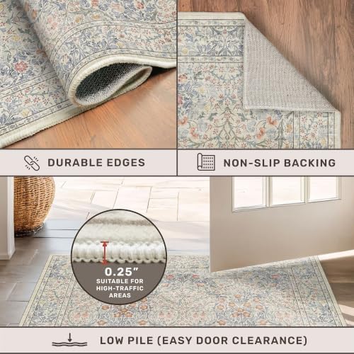 Vintage Washable Beige Blue 10x12 Rug for Living Room - Extra Large Area Rug for Dining Room Under Table, Bedroom - Botanical Floral Design with Purple Accent, Non-Slip Lightweight Soft Low Pile