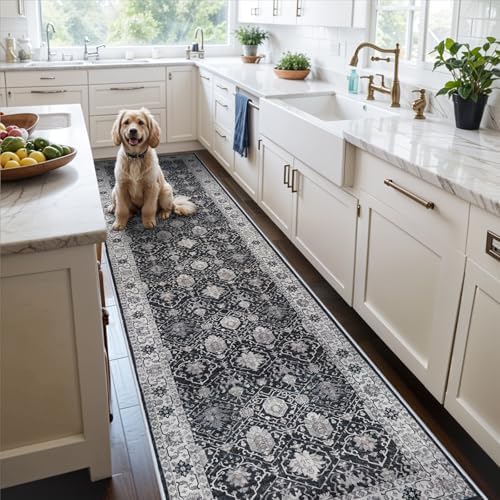 Washable 3x25 Extra Long Runners: Oriental Soft Non-Slip Hallway Runner Rugs for Kitchen Dining Room Indoor Low Pile Thin Entry Floor Mat Stain Resistant Carpet for Living Room Bedroom (3 x 25,Black)