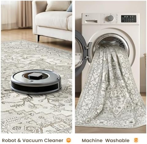 Washable Area Rugs for Living Room 9x12 Neutral Floral Large Soft Rug Beige