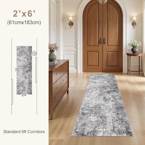 UERMEI 2x6 Washable Runner Rug for Hallway, Non Slip Low Pile Kitchen Carpet, Neutral Modern Abstract Indoor Floor Mat for Entryway Laundry, Kid & Pet Safe High Traffic Area, Grey