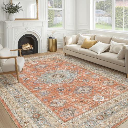 cotiled 9x12 Area Rug for Living Room, Washable, Traditional, Orange