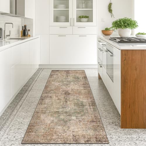 Farmhouse Washable Hallway Runner Rug, 2x6 Green and Brown Rugs for Kitchen Floor Waterproof, Bathroom, Entrance Indoor, Bedroom, Non Skid & Stain Resistant Carpet, Distressed Design