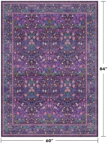 Washable Violet 5x7 Area Rug for Living Room, Vintage Dark Purple Dining Room Rugs for Under Table, Boho Foldable Low Pile Soft Carpet, Stain Resistant & Traditional Plum Floral Design