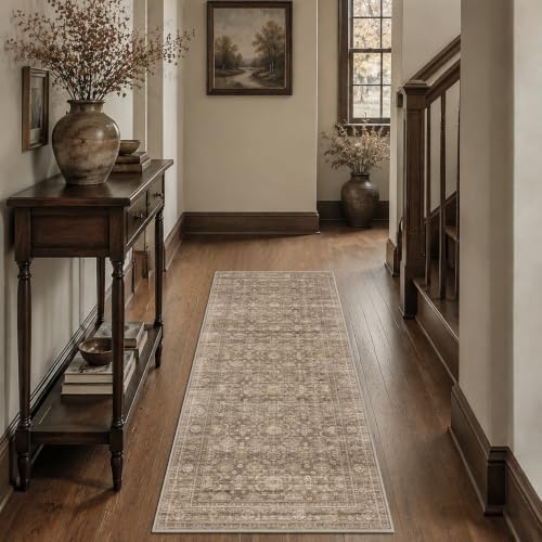 JOOJA 2x6 Neutral Tan Vintage Low Pile Non Slip Washable Boho Runner Rug