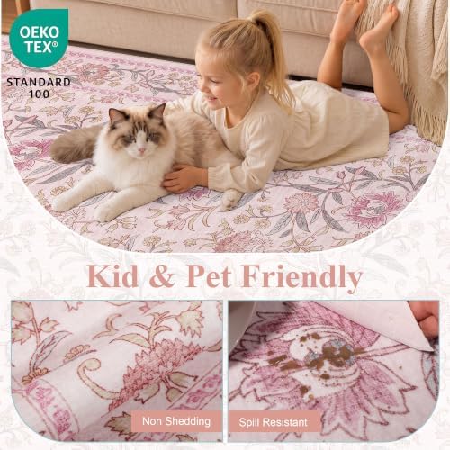 DUKINO 2x3 Rug, Washable Vintage Floral Bathroom Rugs Non Slip, Pink