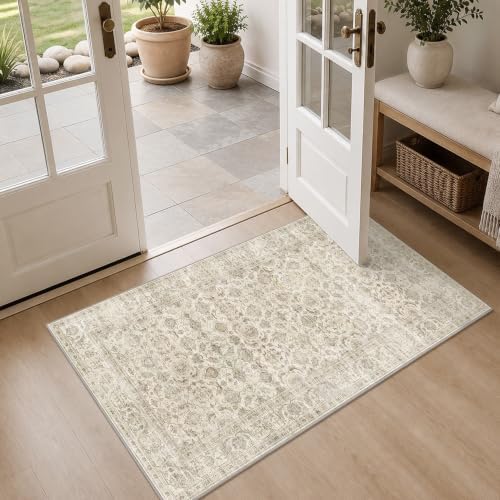 JOOJA 2x4 Beige Vintage Floral Low Pile Non Slip Washable Boho Runner Rug