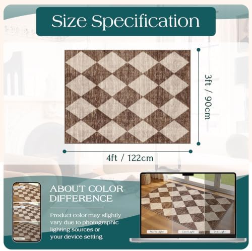 Brown Beige Checkered Entry Rug - 3x4 Non-Slip Washable Indoor Outdoor Front Door Mat Porch Rug Farmhouse Diamond Throw Carpet for Living Room Bedroom Entryway Kitchen Office Fall Porch Decor
