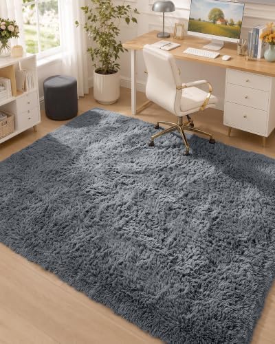 OLANLY Area Rugs for Living Room Bedroom, Machine Washable 4x5.9 ft Soft Fluffy Shaggy Bedside Rug, Indoor Floor Carpet for Kids Girls and Boys, Dorms, Nursery Rooms, Home Decor Aesthetic, Grey