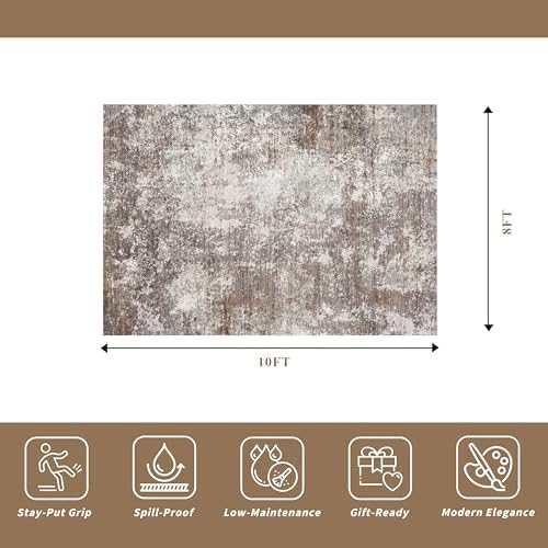 8x10 Washable Living Room Rug – Modern Neutral Abstract Large Area Rug for Bedroom Dining Room Kitchen Home Office Under Table – Non-Slip Low Pile Soft Thin Indoor Carpet (Brown Beige,8x10)