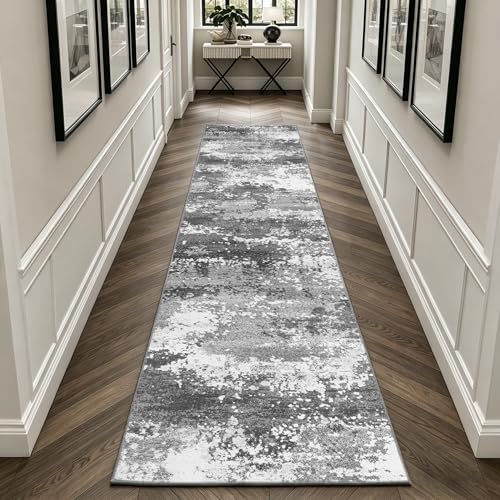 2x10 Hallway Runner Rug Non Slip Washable Grey Entryway Rug Runner with Rubber Backing 10ft Long Kitchen Carpet Runner for Laundry Room Bedroom, Low Pile Stain & Fade Resistant, Abstract Gray
