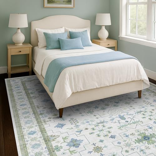 Hazo Haus Blue and Green Living Room Rug 8x10 - Cream Oushak Vintage Boho Floral Farmhouse, Washable Low Pile Non-Slip Extra Large Area Rugs for Bedroom, Girls, Boys, Playroom, Lounge