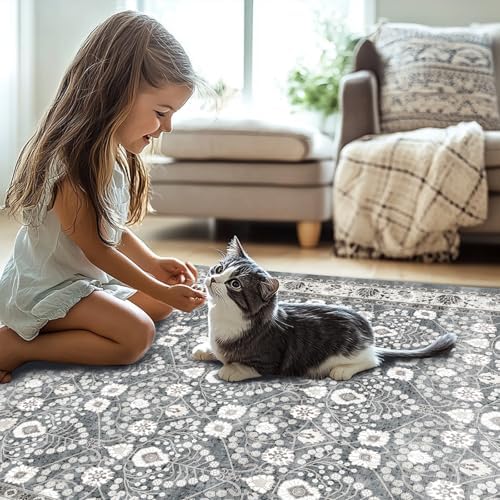 3x5 Entryway Area Rug: Light Blue & Grey Persian Floral Small Area Rugs, Washable Non-Slip Throw Rug,Under Table Carpet Rugs for Bedroom 3x5,Kitchen Mat